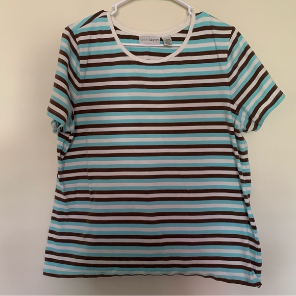 American Vintage Tops - Women’s Large SPORT SAVVY Vintage Brown Aqua White Striped Stretchy Casual Tee